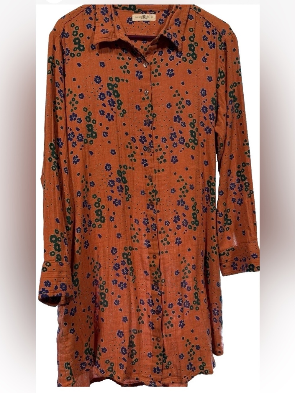 Natural Life Women M Floral Shirt Dress Collared Long Sleeve Orange Cotton Comfy